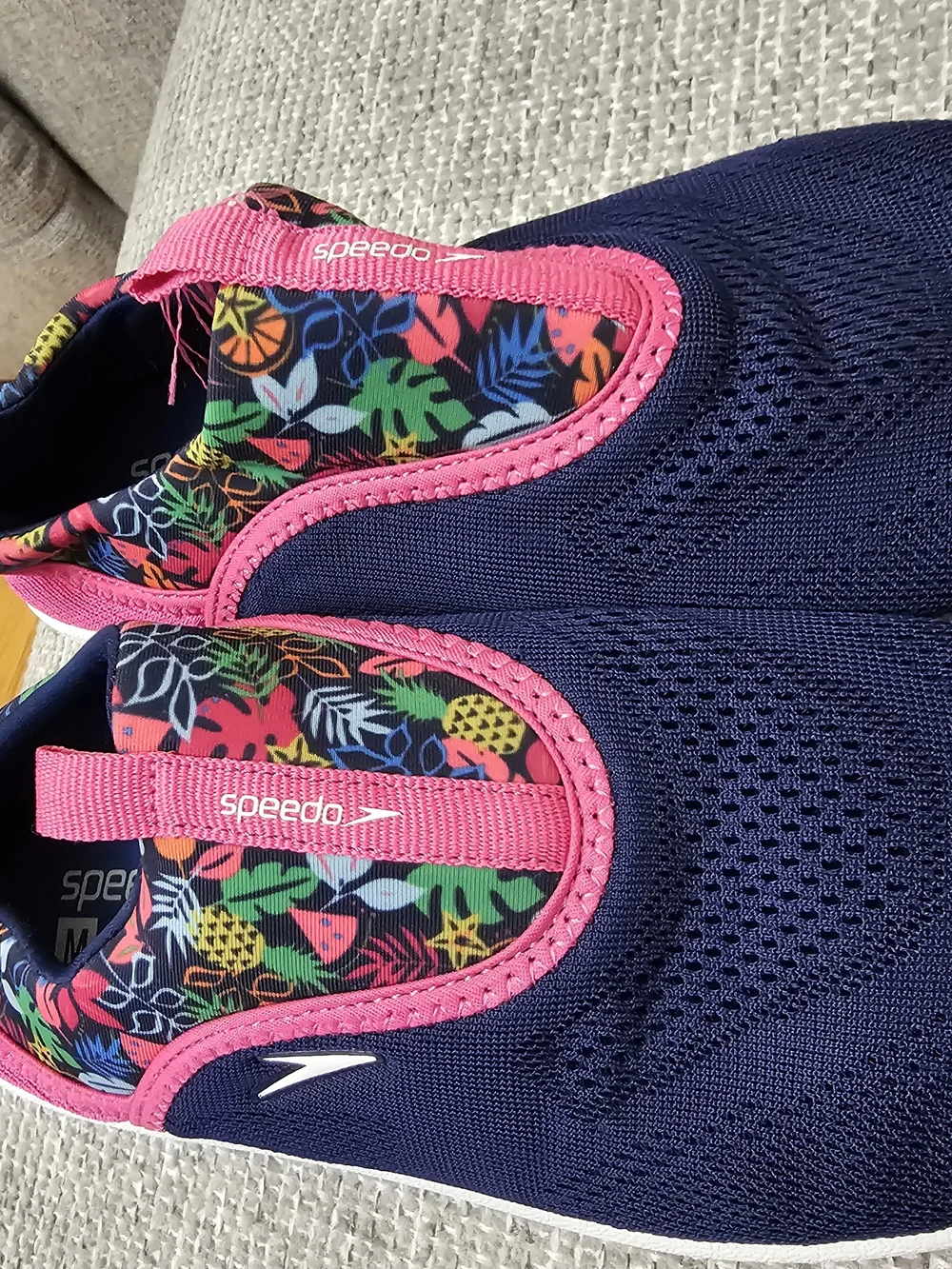 Speedo Kids Navy Slip-On Water Shoes with Pink Trim and Tropical Print